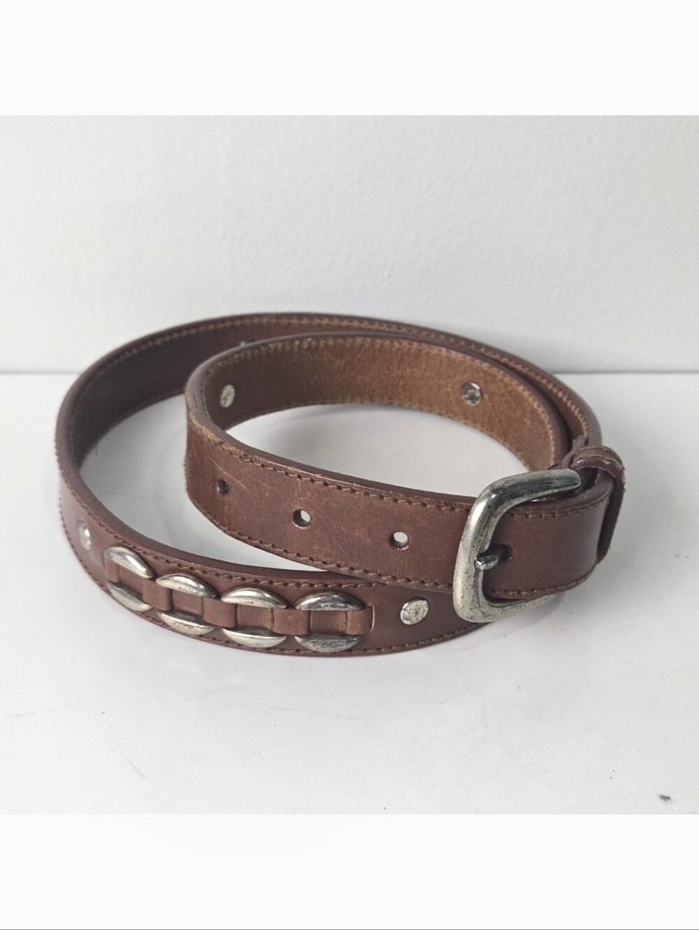 Fossil Brown Leather Belt with Silver-Tone Chain Accents